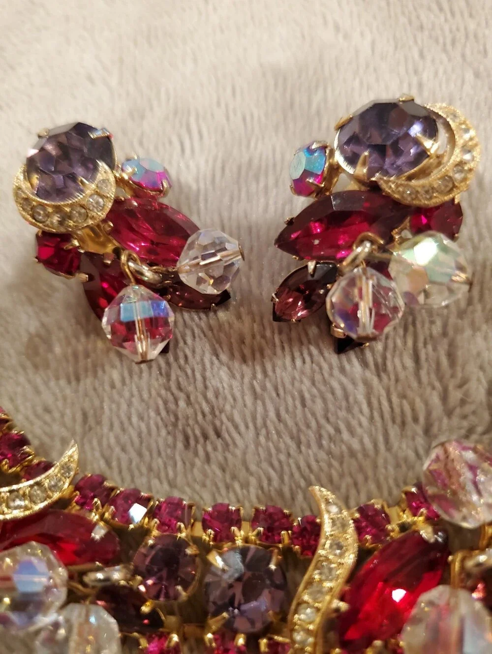 Vintage Kramer Gold-Tone Red & Purple Bracelet with Matching Clip-On Earring